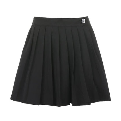 Pleated embroidery A line solid zip-up mini skirt