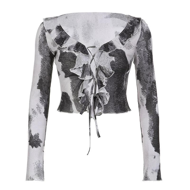 Ruffle tie dye long sleeve lace up v neck top