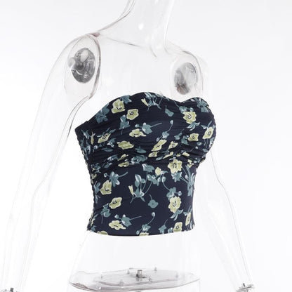 Flower print contrast ruched smocked backless tube crop top