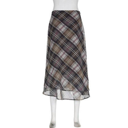 Plaid contrast ruffle zip-up chiffon low rise midi skirt