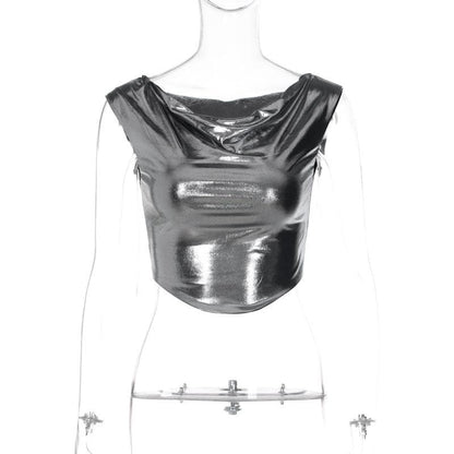 Cowl neck metallic cap sleeve ruched crop top