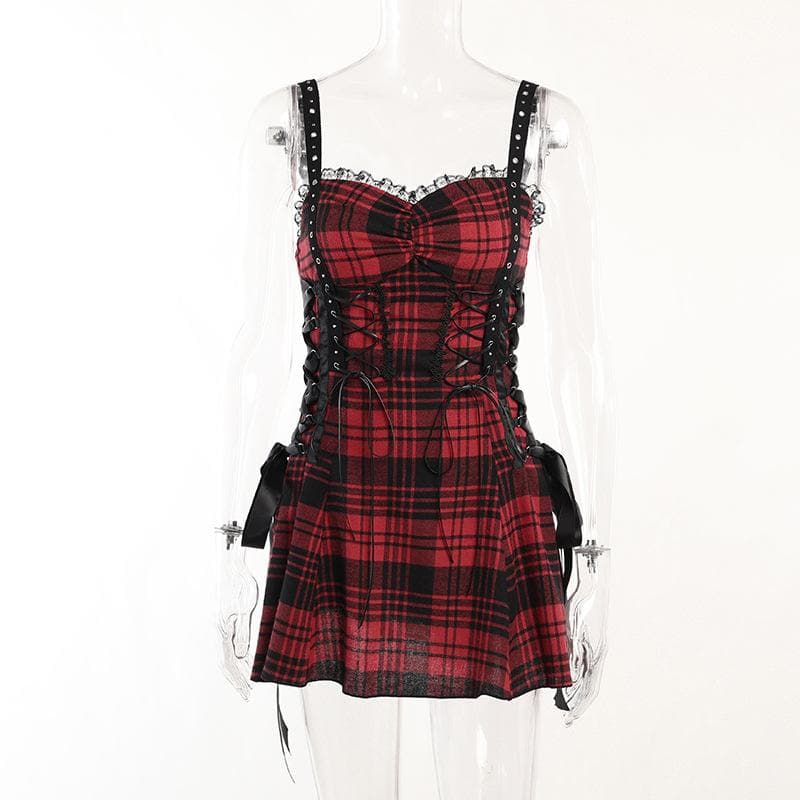 Backless ruched lace hem plaid lace up zip-up mini dress