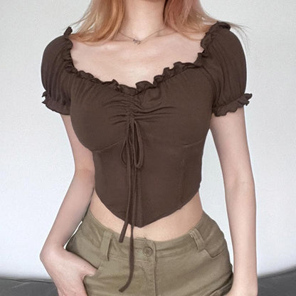 Ruffle solid puff sleeve drawstring corset backless crop top