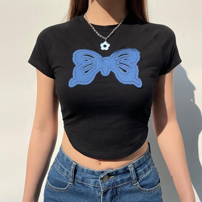 Butterfly patchwork contrast short sleeve crop top