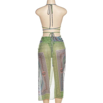 Abstract Print Mesh Halter Contrast Backless Self Tie Pant Set