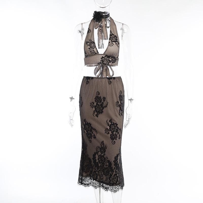 Completo gonna midi con scollo a V e schiena scoperta in pizzo con allacciatura all'americana 
