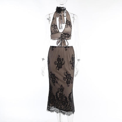 Completo gonna midi con scollo a V e schiena scoperta in pizzo con allacciatura all'americana 