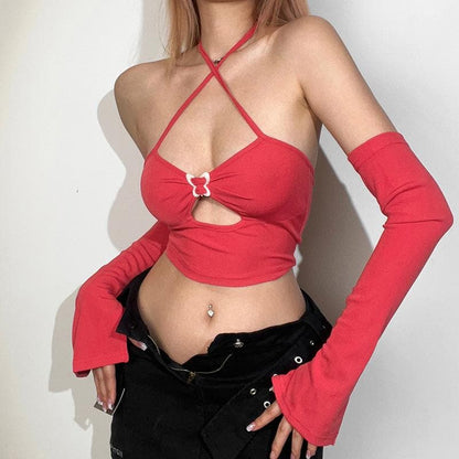 Buckle halter cross front hollow out gloves backless crop top - Final Sale