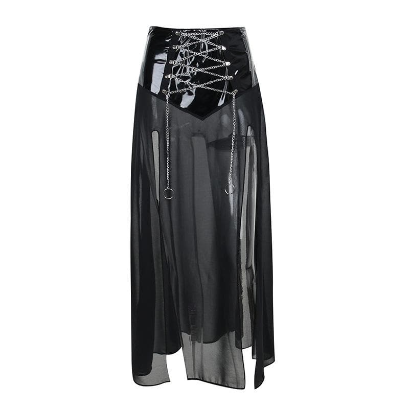 Metal chain lace up slit zip-up mesh PU leather patchwork midi skirt