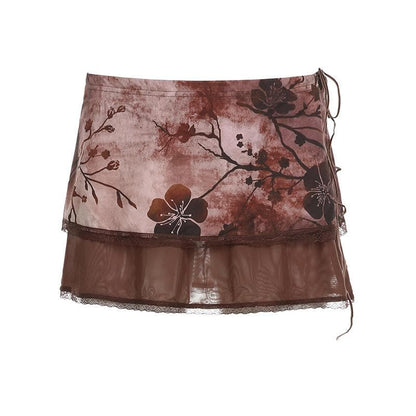 Mesh patchwork flower print contrast low rise lace hem mini skirt