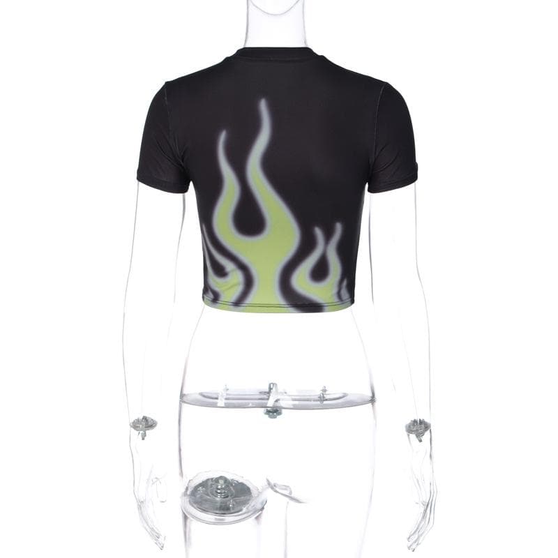 Flame pattern contrast short sleeve crewneck crop top