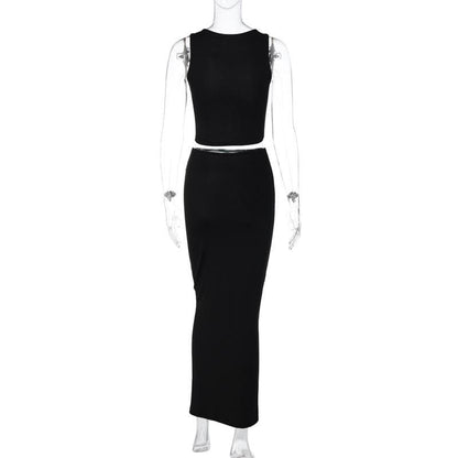 Body pattern contrast sleeveless crewneck maxi skirt set