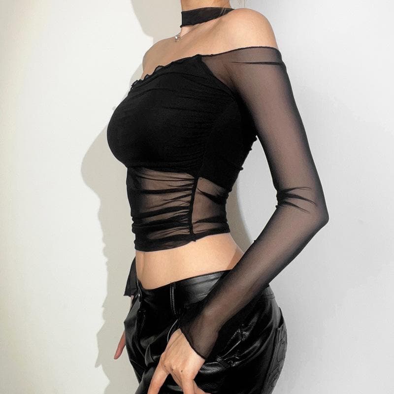 Mesh solid long sleeve halter off shoulder ruched top