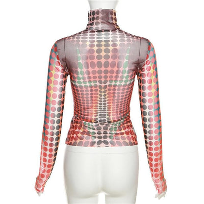 Sheer mesh see through polka dot thermal high neck long sleeve contrast top