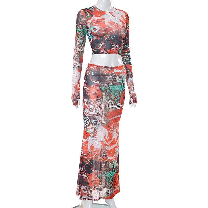 Abstract Print Sheer Mesh Long Sleeve Gloves Contrast Maxi Skirt Set
