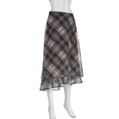 Plaid contrast ruffle zip-up chiffon low rise midi skirt