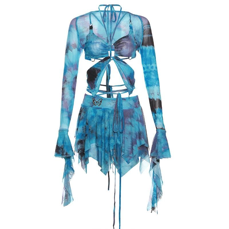 Minigonna con scollo a V, manica svasata, tie-dye, anello a O, allacciabile e scollato 
