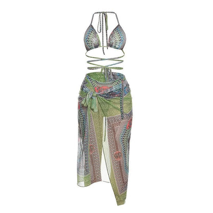 Abstract Print Mesh Halter Contrast Backless Self Tie Pant Set