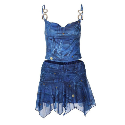 Backless cowl neck metal chain denim print ruched mini skirt set