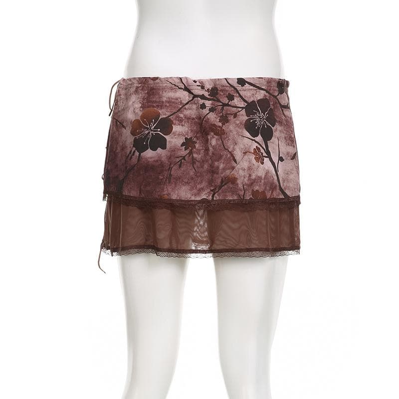 Mesh patchwork flower print contrast low rise lace hem mini skirt