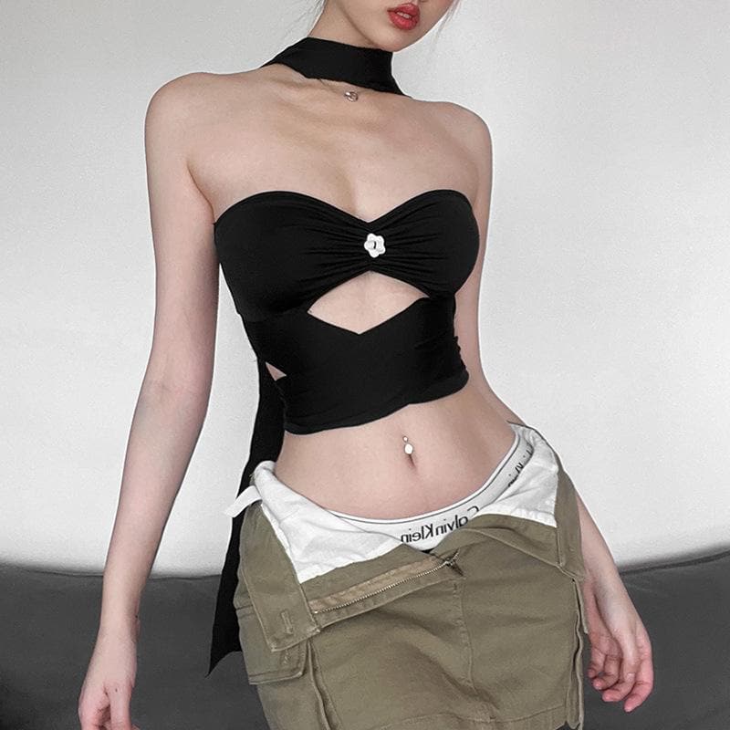 Halter solid self tie hollow out ribbon ruched off shoulder crop top