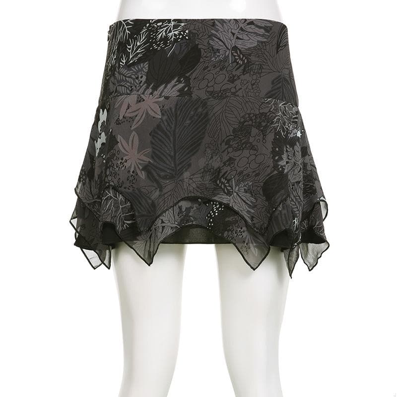 Minigonna in chiffon con stampa di foglie irregolari a contrasto e cerniera 