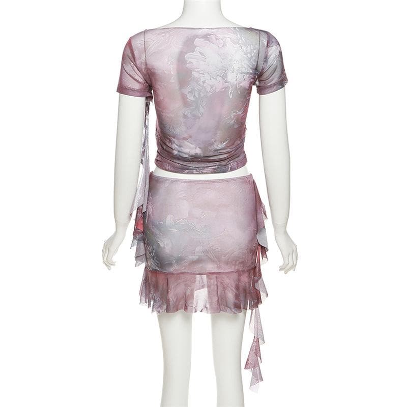 Sheer mesh see through ruffle short sleeve contrast print mini skirt set