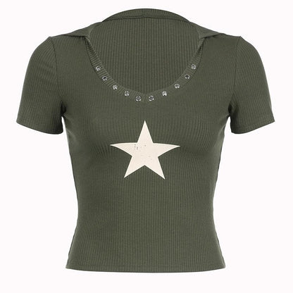 Star pattern contrast v neck button hoodie ribbed short sleeve top