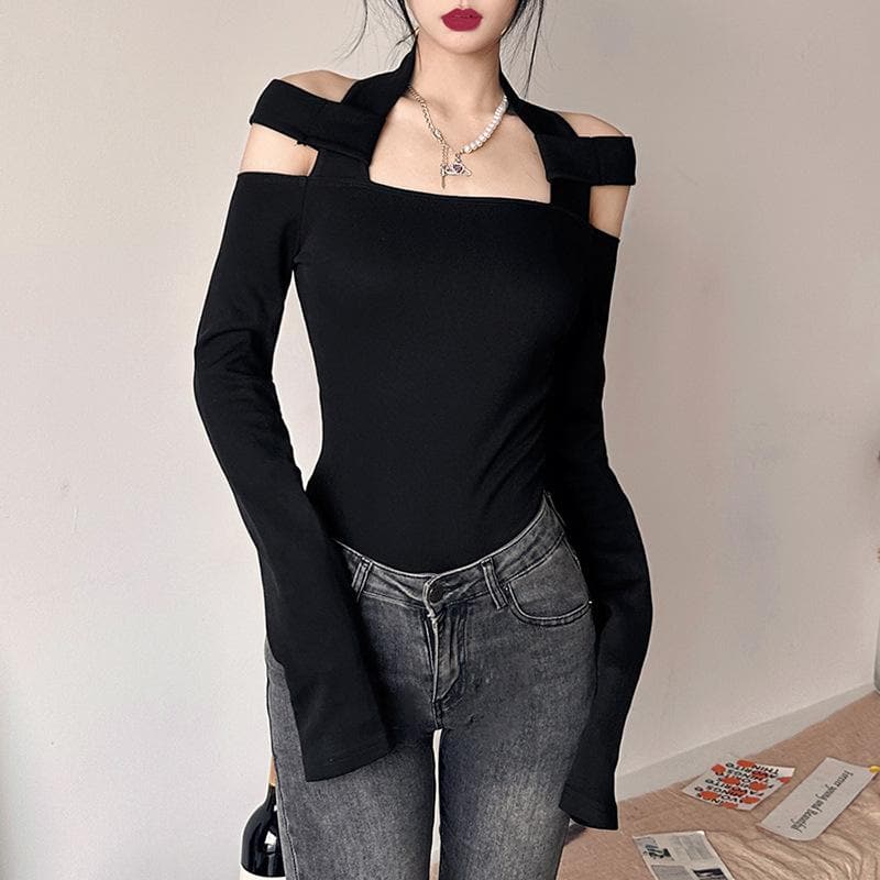 Halter solid long sleeve off shoulder hollow out top