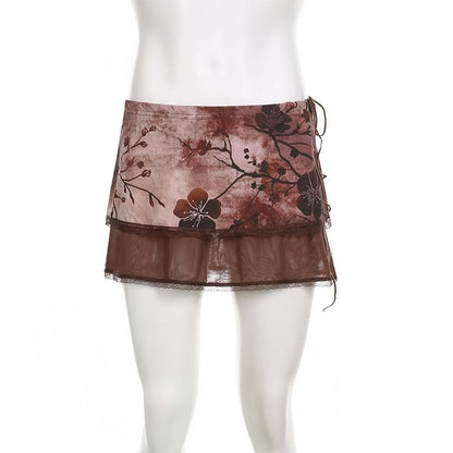 Mesh patchwork flower print contrast low rise lace hem mini skirt