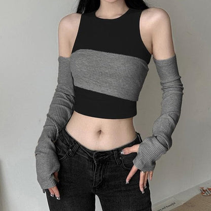 Knitted gloves contrast off shoulder crewneck 2 piece crop top