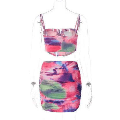 Completo minigonna con corsetto e canotta senza schienale, scollo a V, tie-dye a contrasto arricciato 