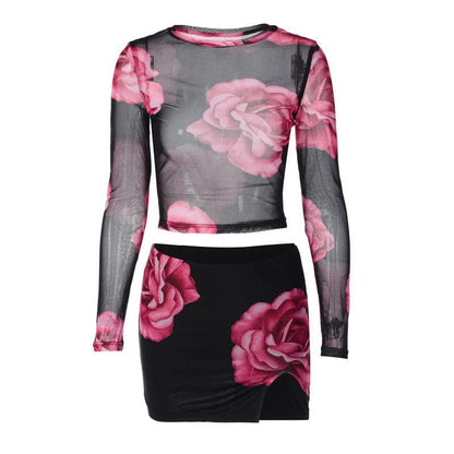 Mesh see through flower print long sleeve slit mini skirt set