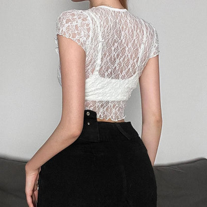 Lace see through solid ruffle short sleeve crewneck crop top