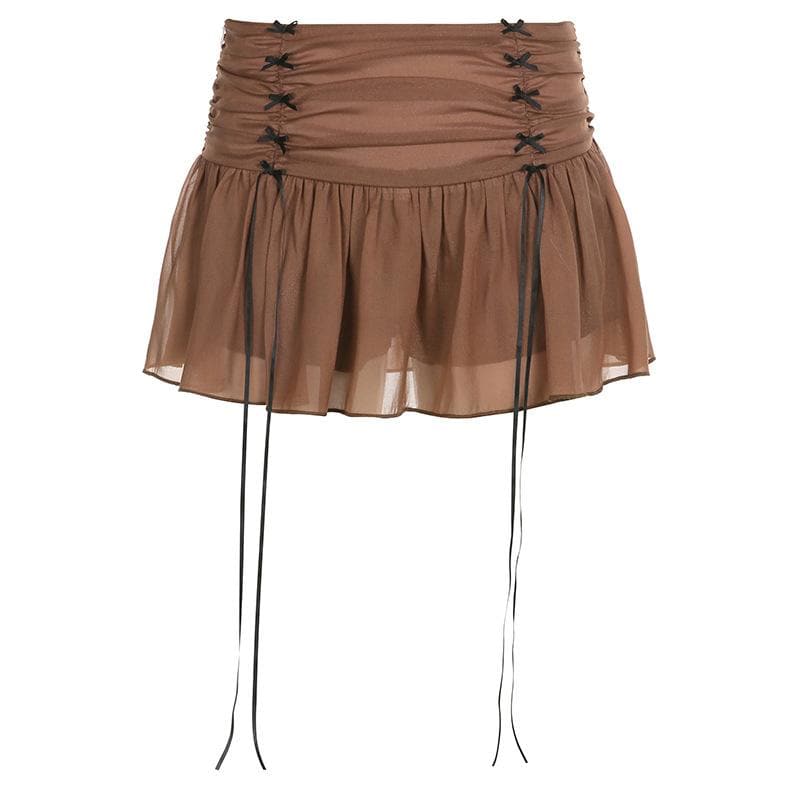 Chiffon ruched zip-up bowknot low rise mini skirt