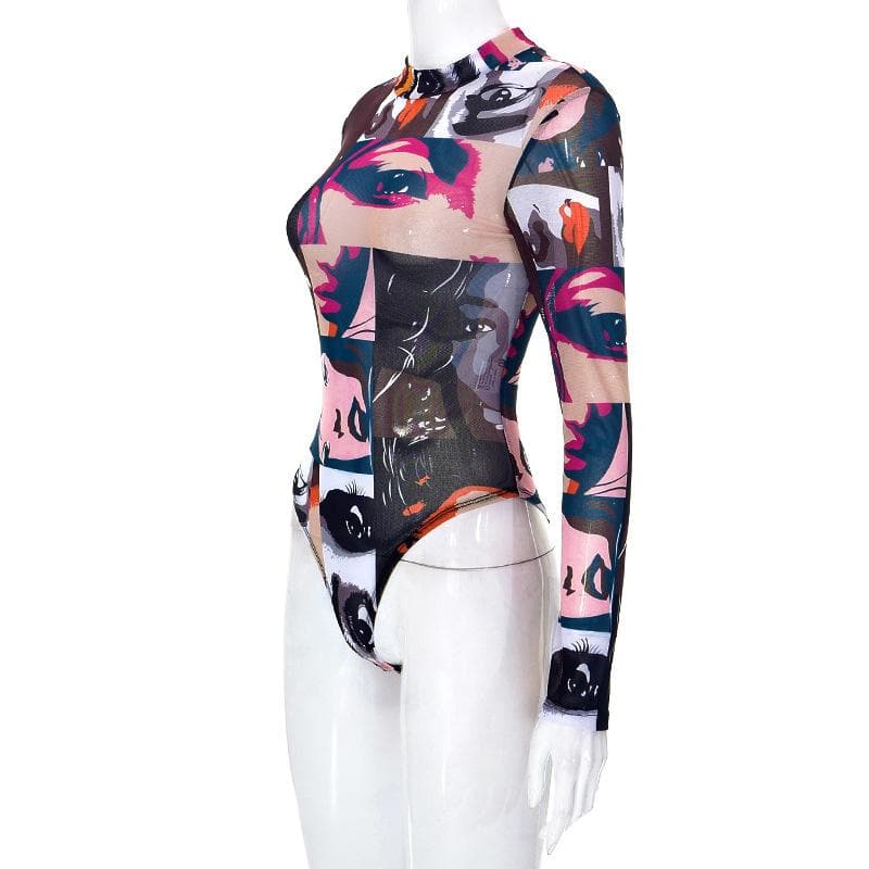 Sheer mesh see through abstract print long sleeve contrast bodysuit