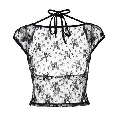 Lace solid see through halter cap sleeve backless crop top