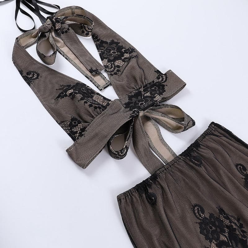 Completo gonna midi con scollo a V e schiena scoperta in pizzo con allacciatura all'americana 