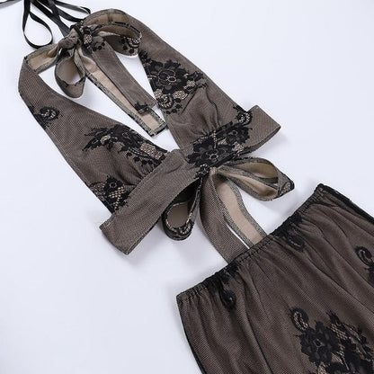 Completo gonna midi con scollo a V e schiena scoperta in pizzo con allacciatura all'americana 