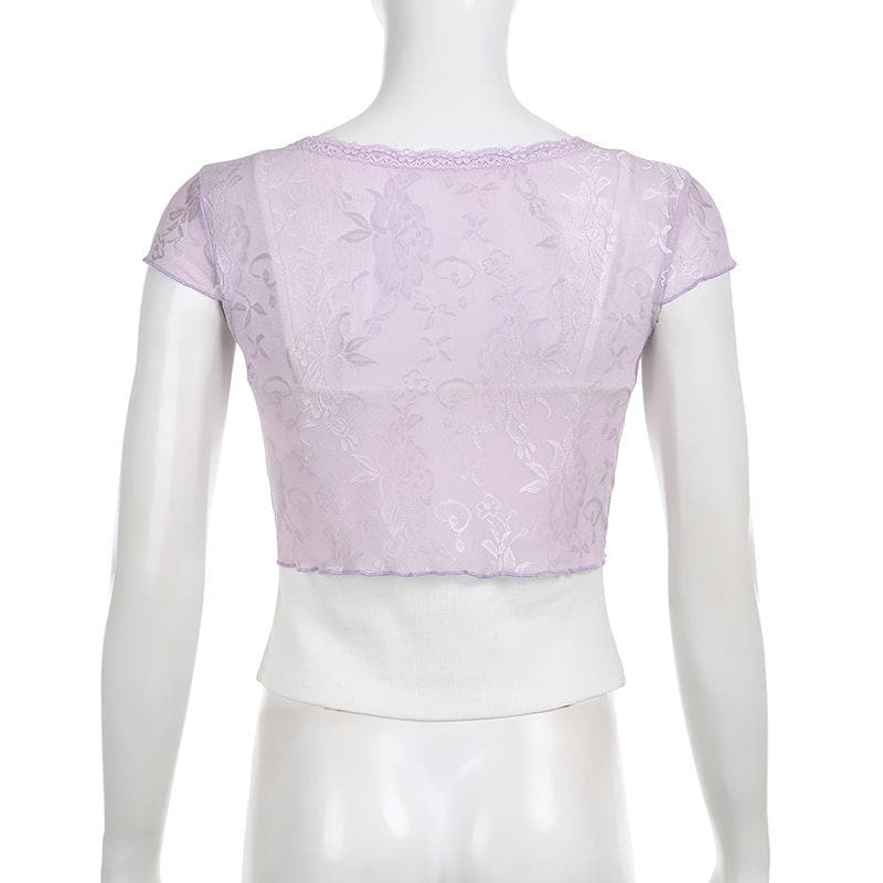 Lace contrast patchwork cap sleeve ruffle crop top