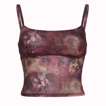 Sheer mesh see through contrast print square neck cami crop top