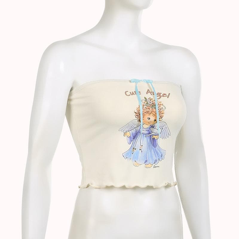 Rückenfreies, kurzes Tube-Top mit Rüschen und Engel-Muster in Kontrastfarbe 