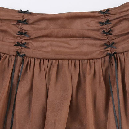 Chiffon ruched zip-up bowknot low rise mini skirt