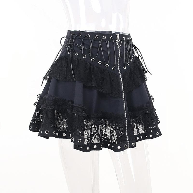 Zip-up lace up patchwork lace ruffle mini skirt