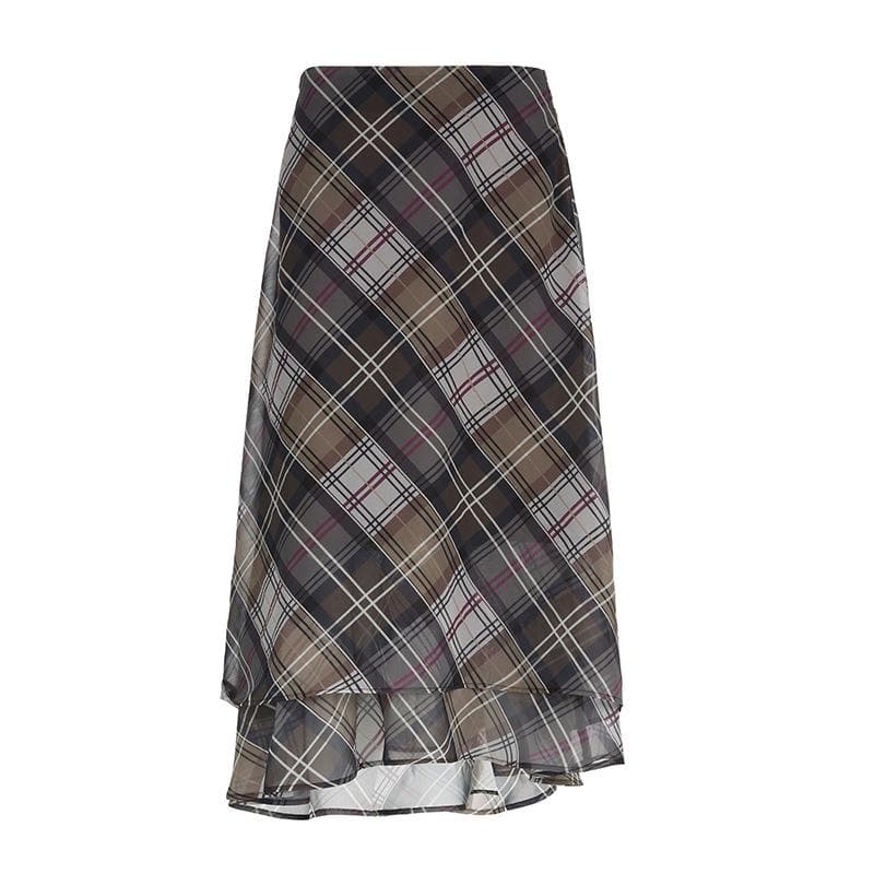 Plaid contrast ruffle zip-up chiffon low rise midi skirt