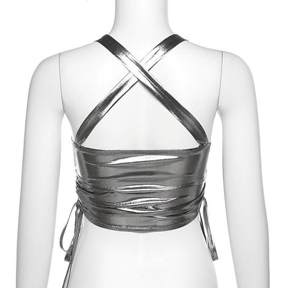 Metallic buckle cross back drawstring backless crop top