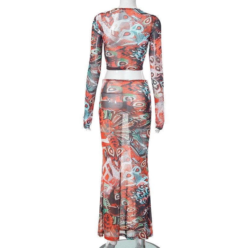 Abstract Print Sheer Mesh Long Sleeve Gloves Contrast Maxi Skirt Set