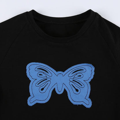 Butterfly patchwork contrast short sleeve crop top