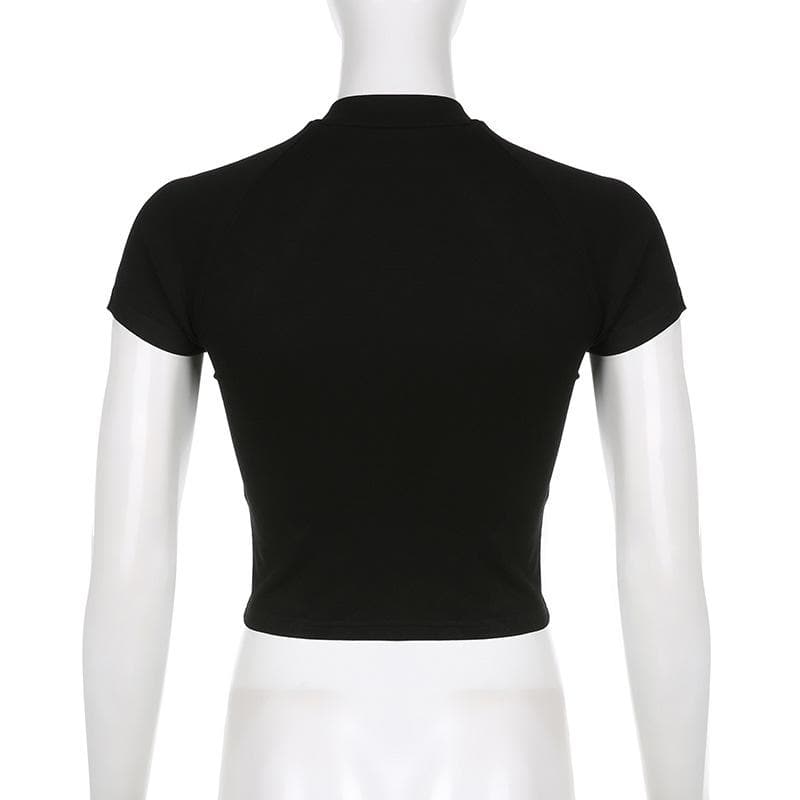 Short sleeve contrast zip-up embroidery crop top