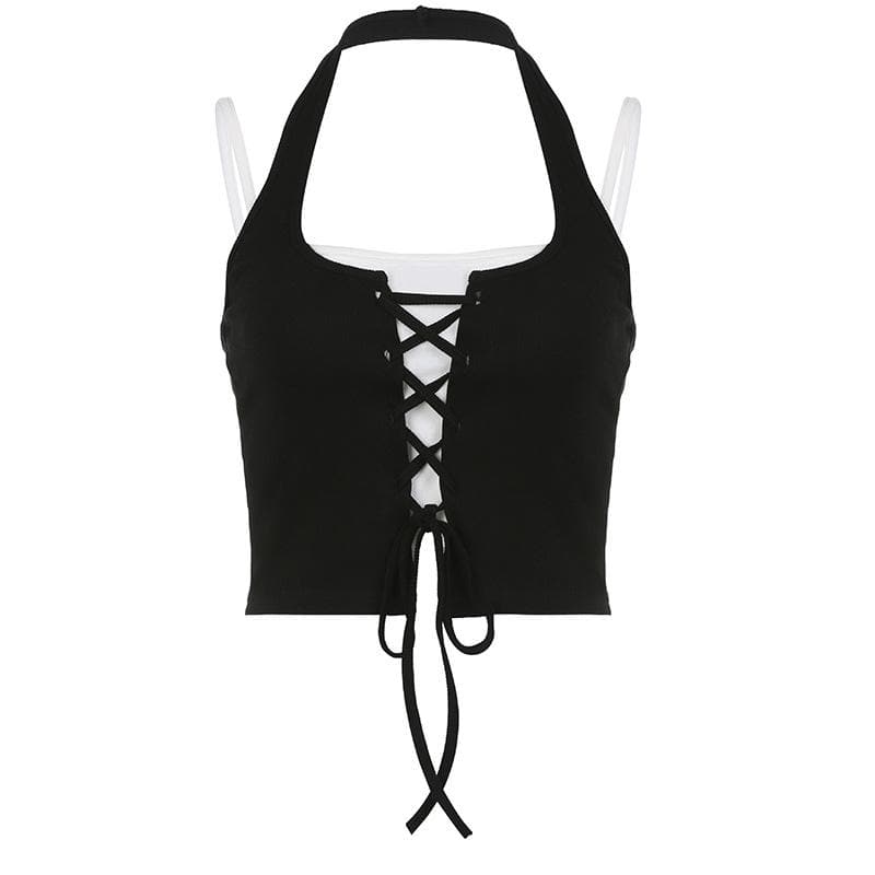 Contrast patchwork lace up halter backless crop top